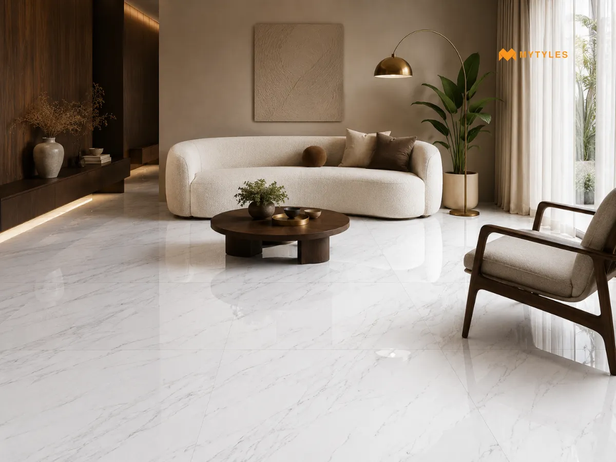 White Vitrified Marble Tile On Floor